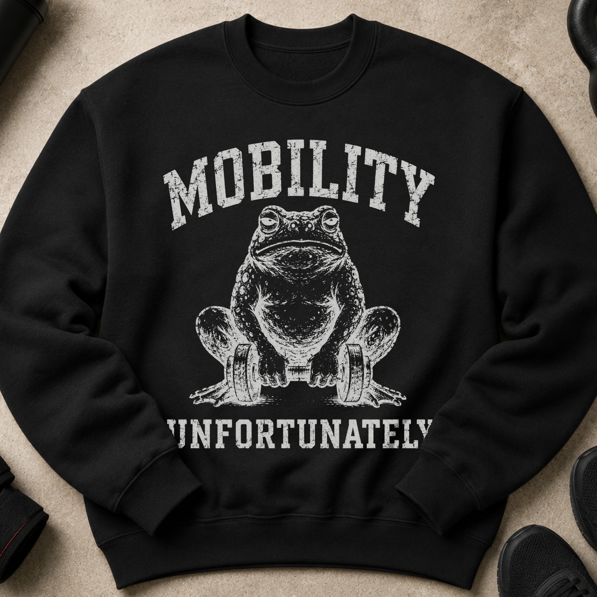 Black sweatshirt with a distressed graphic of a frog lifting weights and text.