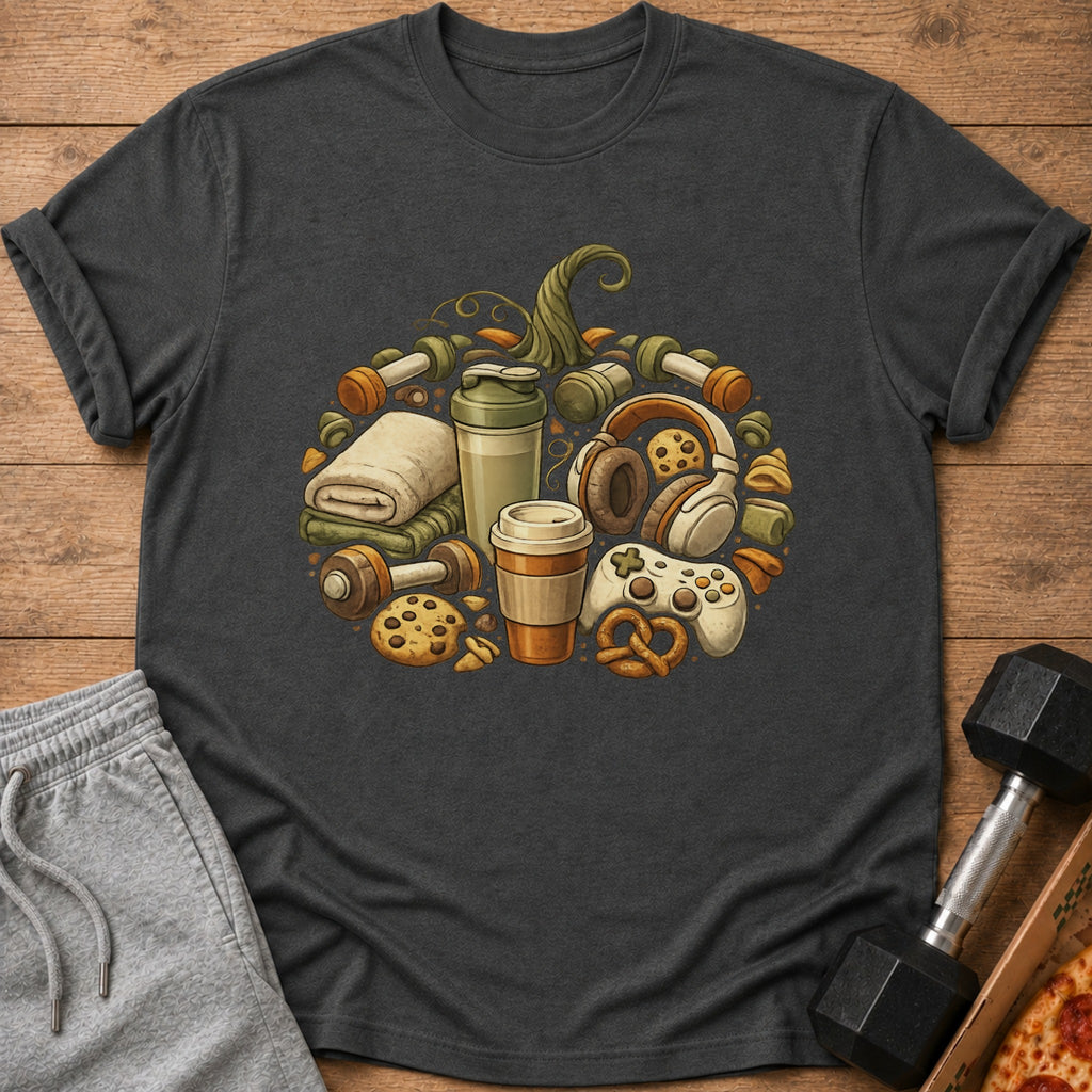 T-shirt with graphic of dumbbells, shaker, headphones, game controller, coffee, and cookies forming a pumpkin.