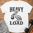 White t-shirt with a pelican holding a kettlebell, text reads "HEAVY LOAD".