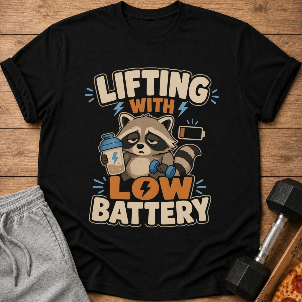 T-shirt with cartoon raccoon holding shaker and dumbbell, text "Lifting with Low Battery".
