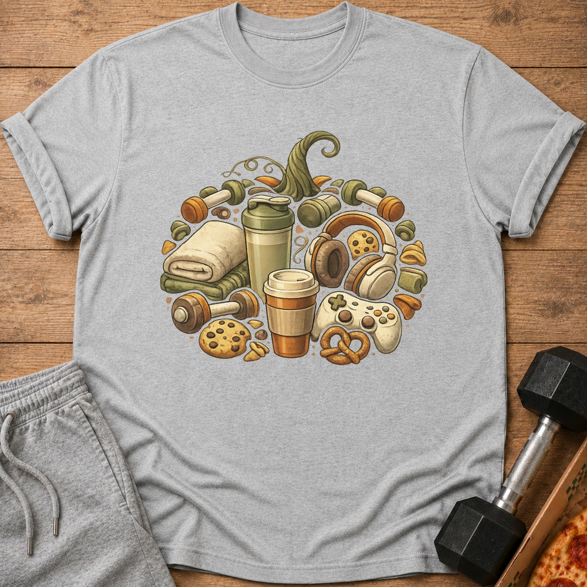 T-shirt with a pumpkin design made of dumbbells, headphones, coffee cup, and cookies.