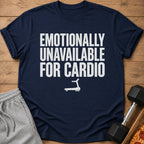 Navy t-shirt with "Emotionally Unavailable for Cardio" text and treadmill graphic.