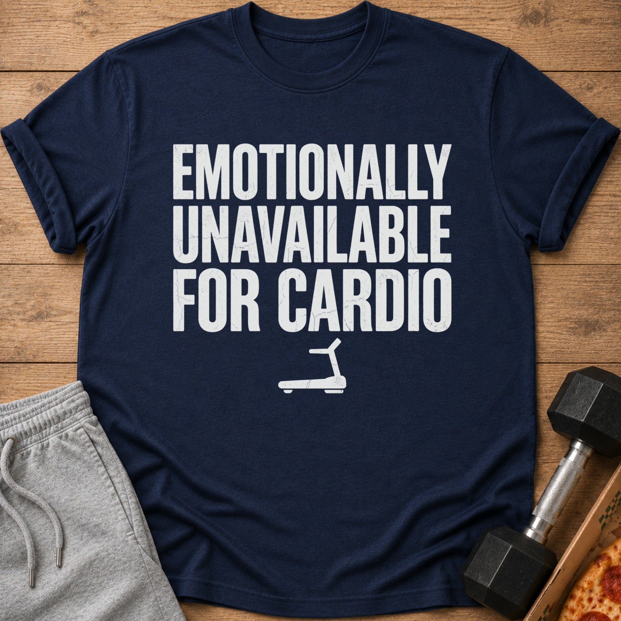 Navy t-shirt with "Emotionally Unavailable for Cardio" text and treadmill graphic.