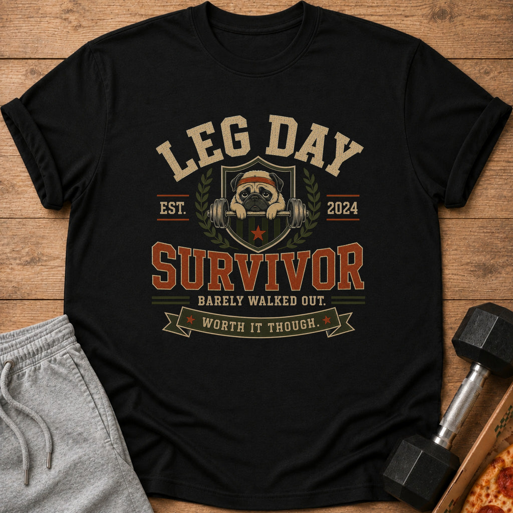 Black t-shirt with "Leg Day Survivor" text, a pug with weights, and dumbbells.