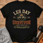 Black t-shirt with "Leg Day Survivor" text, a pug with weights, and dumbbells.