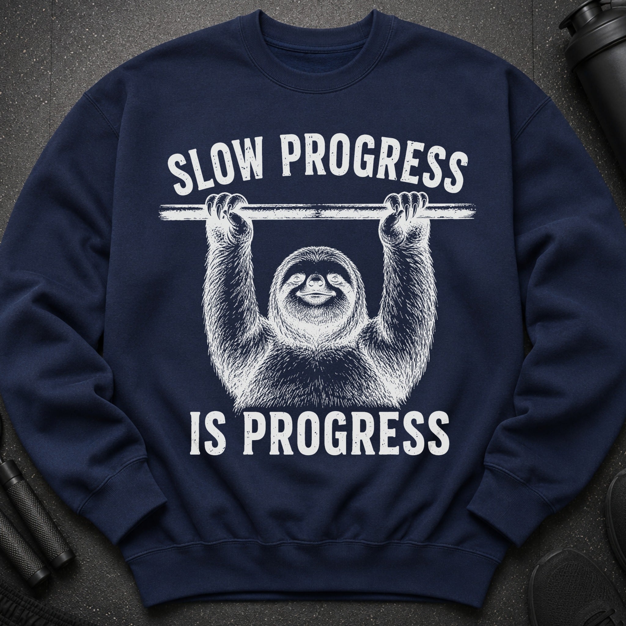 Navy sweatshirt with white text and sloth illustration: "Slow Progress Is Progress".