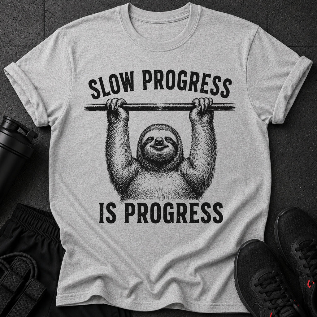 Grey t-shirt with a sloth hanging from a bar and text "SLOW PROGRESS IS PROGRESS".