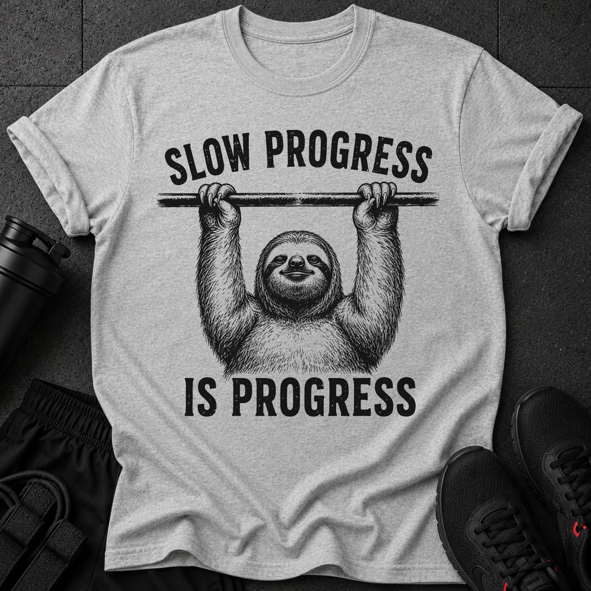 Grey t-shirt with a sloth hanging from a bar and text "SLOW PROGRESS IS PROGRESS".