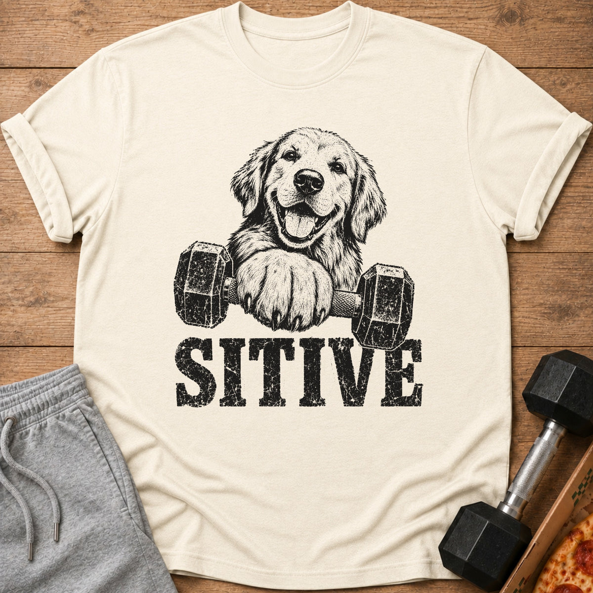 Cream t-shirt with black graphic of a golden retriever holding a dumbbell and the word "SITIVE".