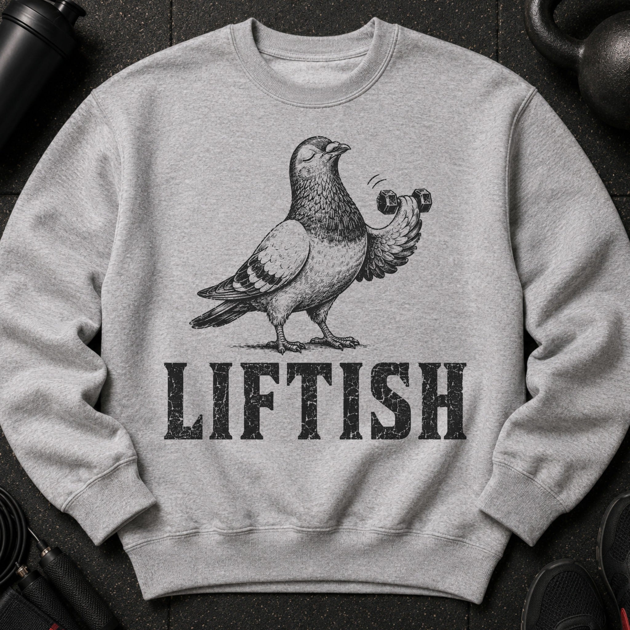 Grey sweatshirt with a vintage pigeon holding a dumbbell and the text "LIFTISH".