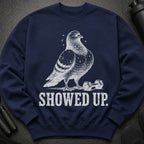 Navy sweatshirt with textured print of a pigeon and dumbbells, reads "SHOWED UP".