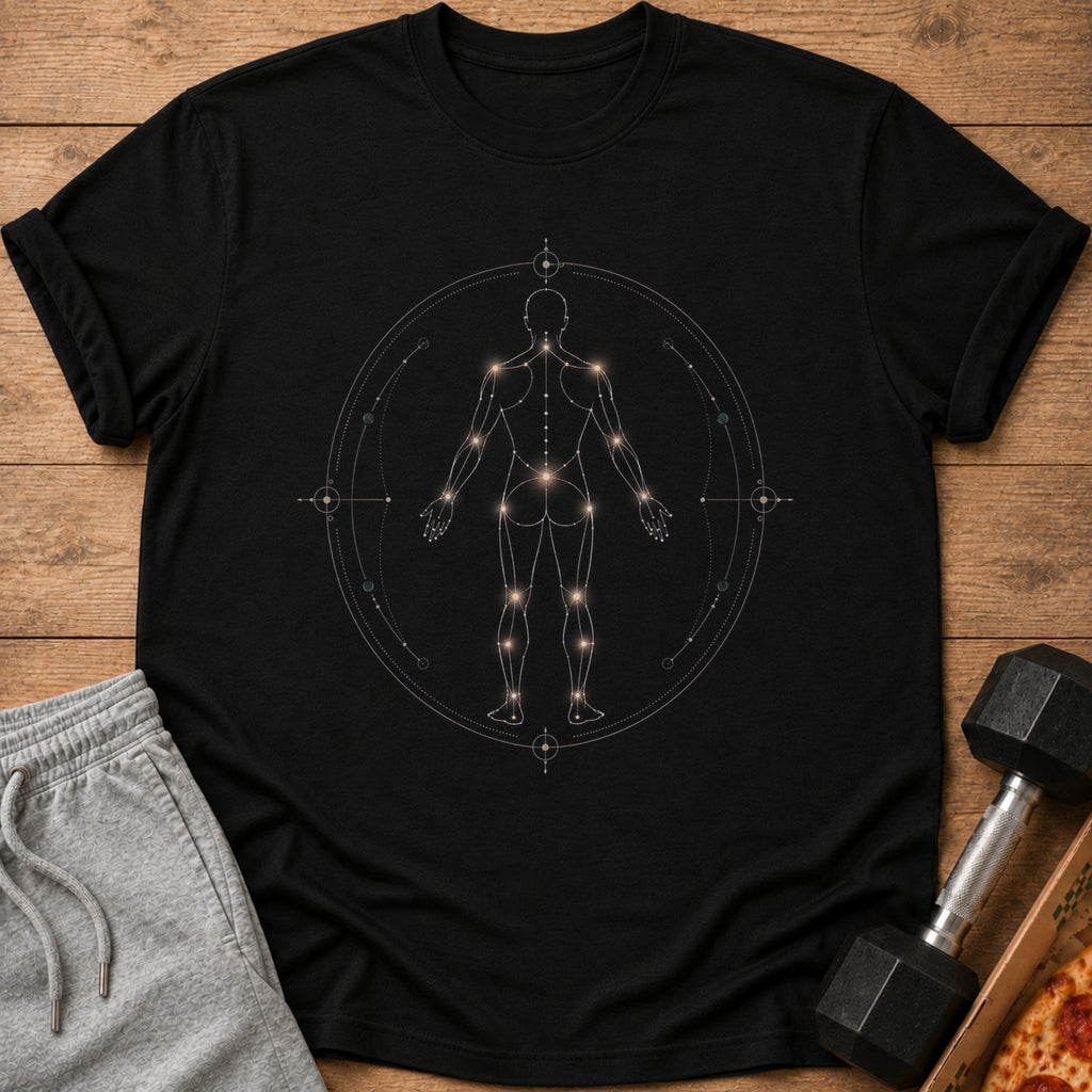 Black t-shirt with a celestial human body graphic inside a circular design.