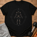 Black t-shirt with a celestial human body graphic inside a circular design.
