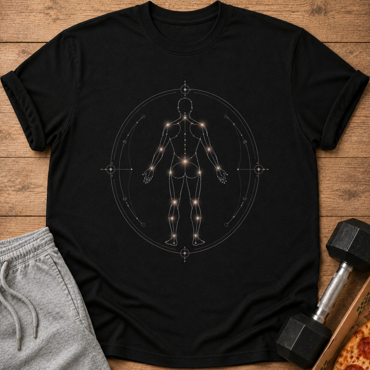 Black t-shirt with a celestial human body graphic inside a circular design.
