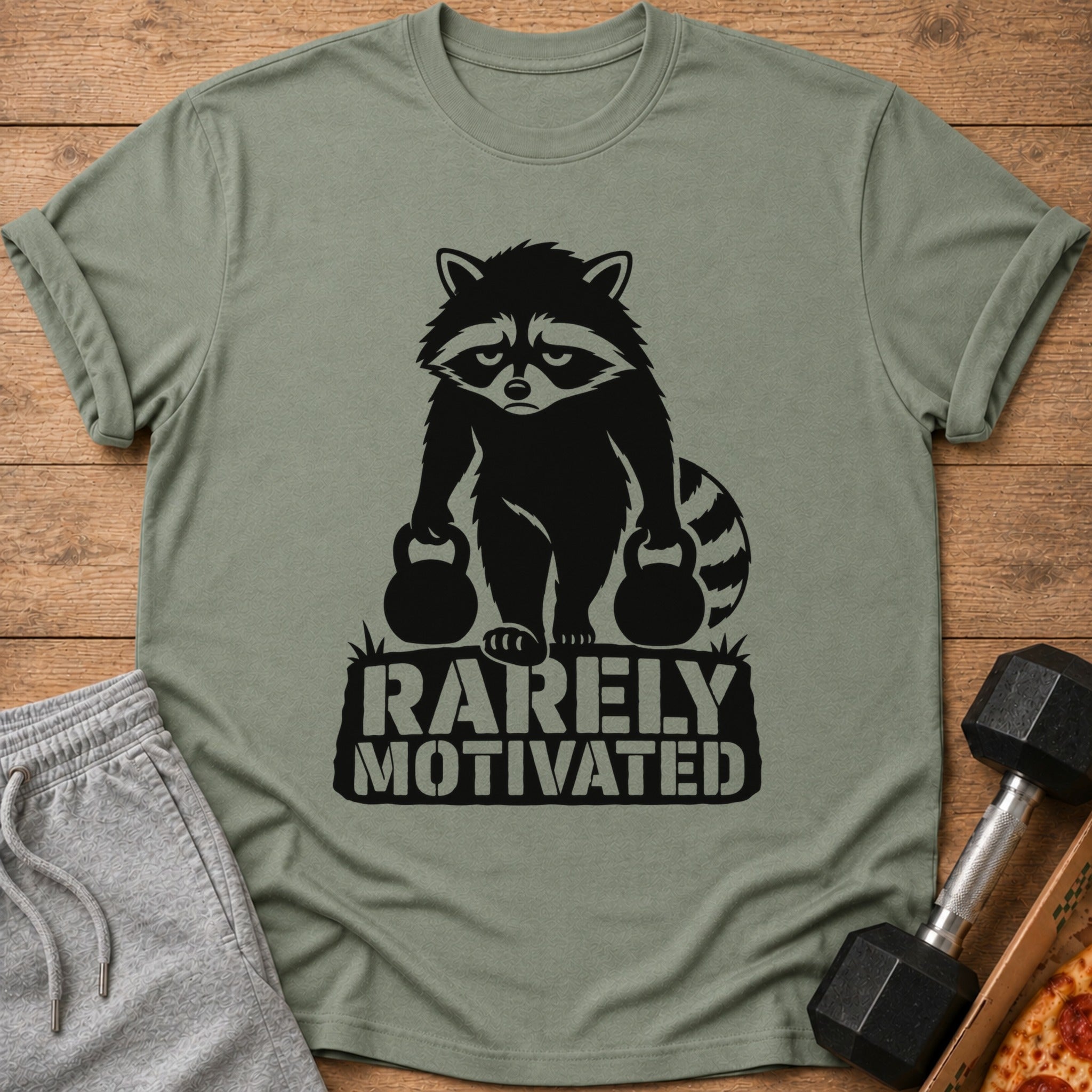 T-shirt with a black raccoon graphic holding dumbbells and text "RARELY MOTIVATED".
