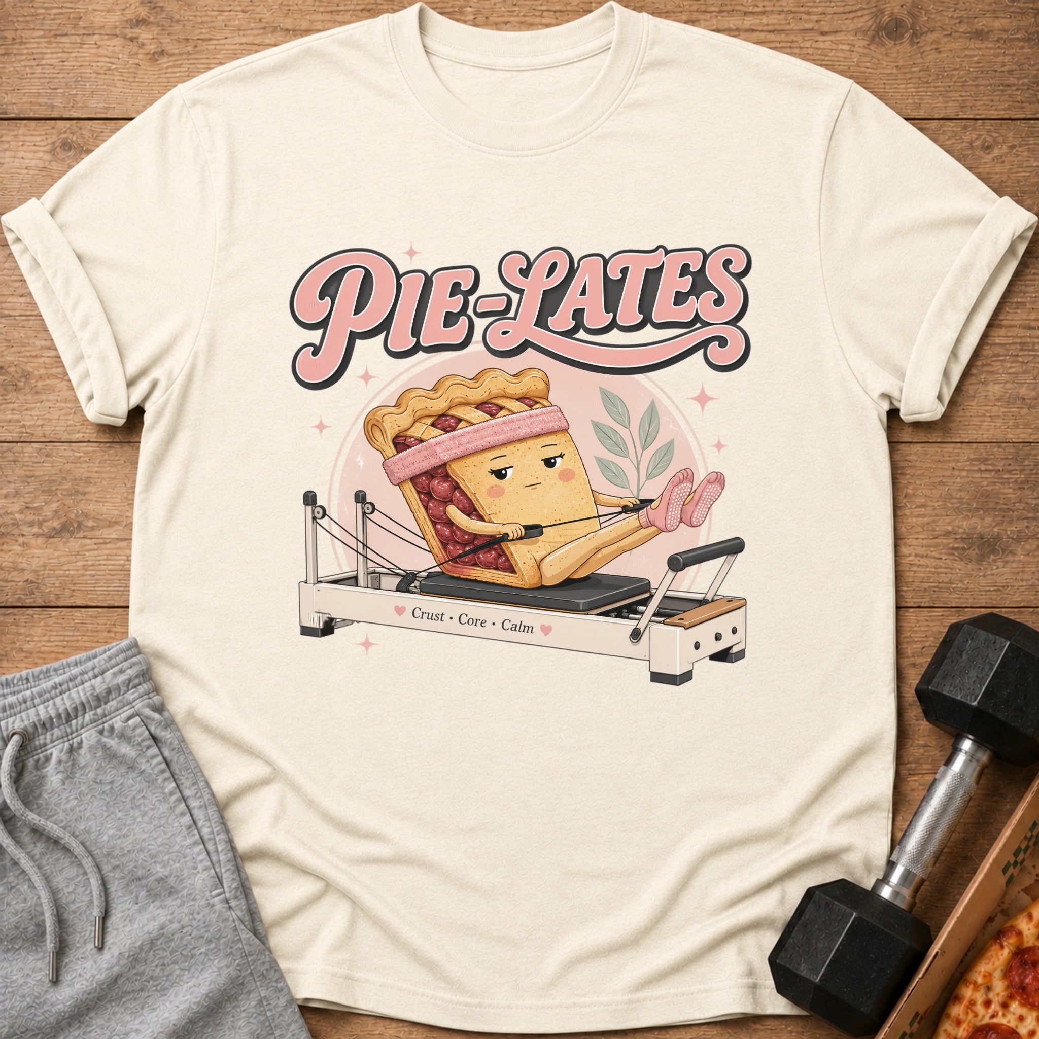 Pie-Lates graphic with a pie doing Pilates on a reformer machine.