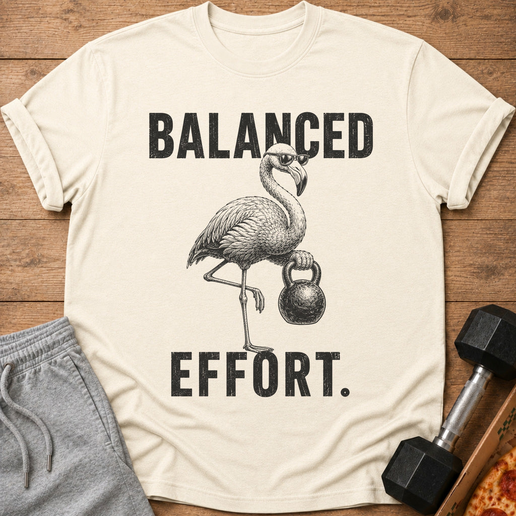 Cream t-shirt with text "BALANCED EFFORT" and a flamingo lifting a kettlebell.