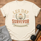 Cream t-shirt with "Leg Day Survivor" design featuring a pug, dumbbells, and text.