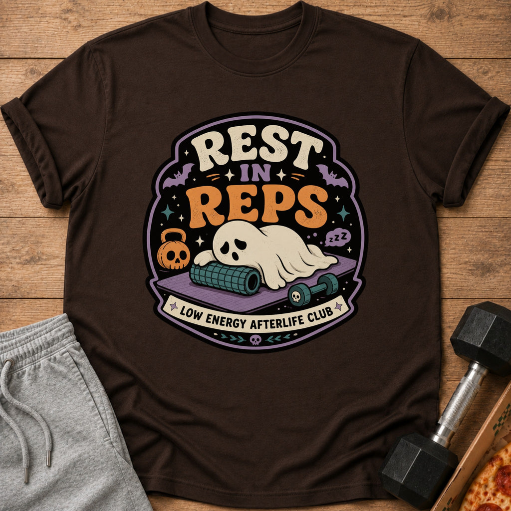 T-shirt with ghost resting on yoga mat, text "REST IN REPS" and "LOW ENERGY AFTERLIFE CLUB."