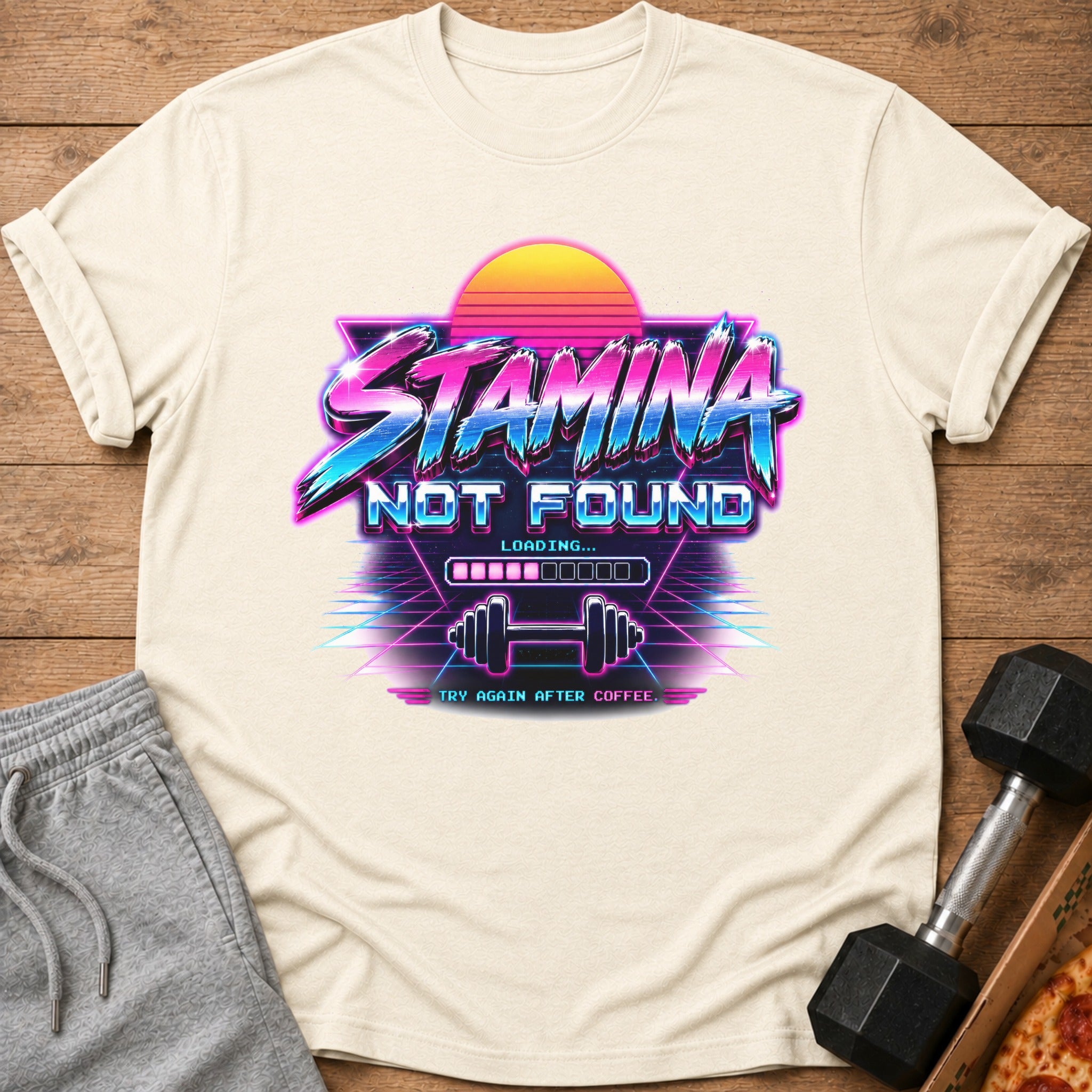 Cream t-shirt with "STAMINA NOT FOUND LOADING..." and dumbbell graphic.