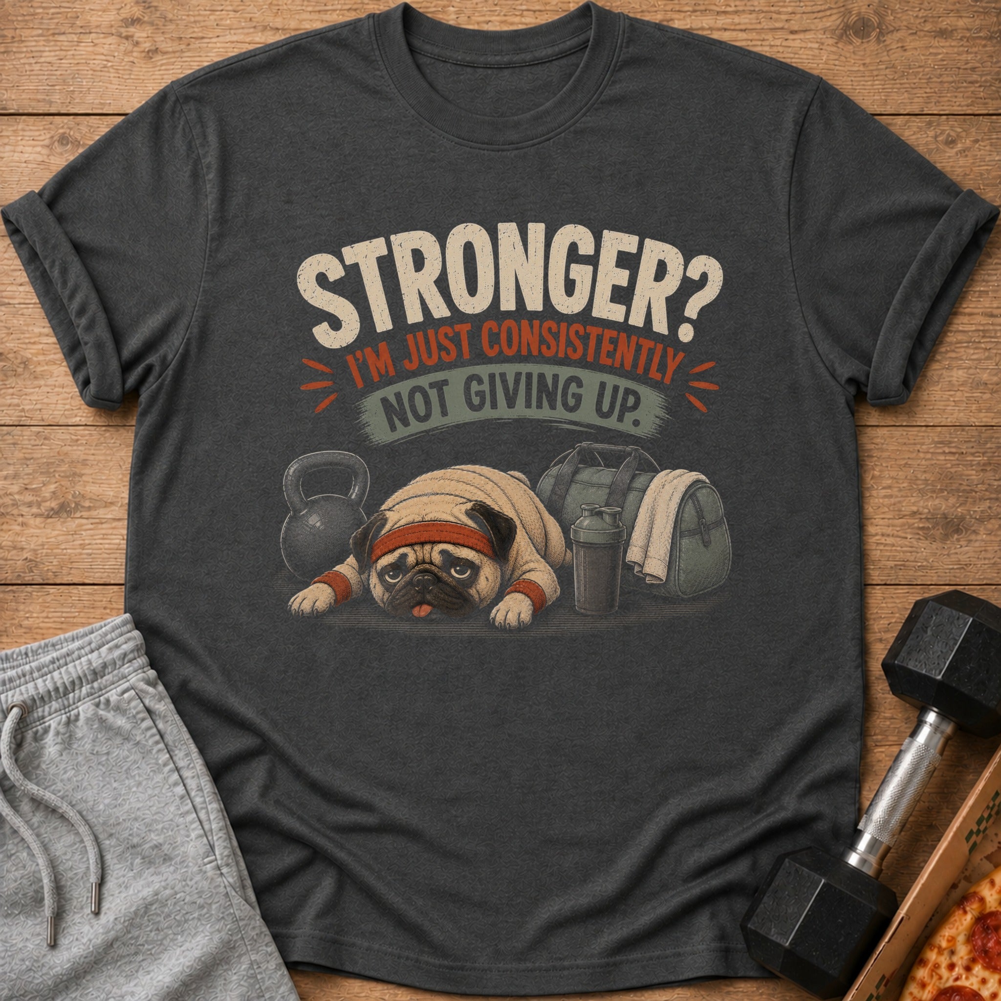 Dark t-shirt with pug and gym equipment, reads "Stronger? I'm just consistently not giving up."