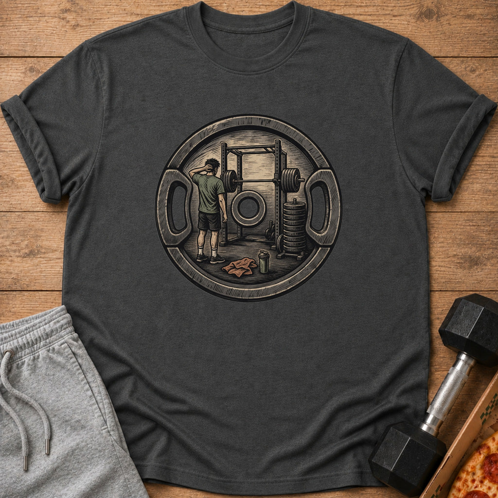 Graphic t-shirt with a weightlifter and gym equipment design within a circular weight plate.