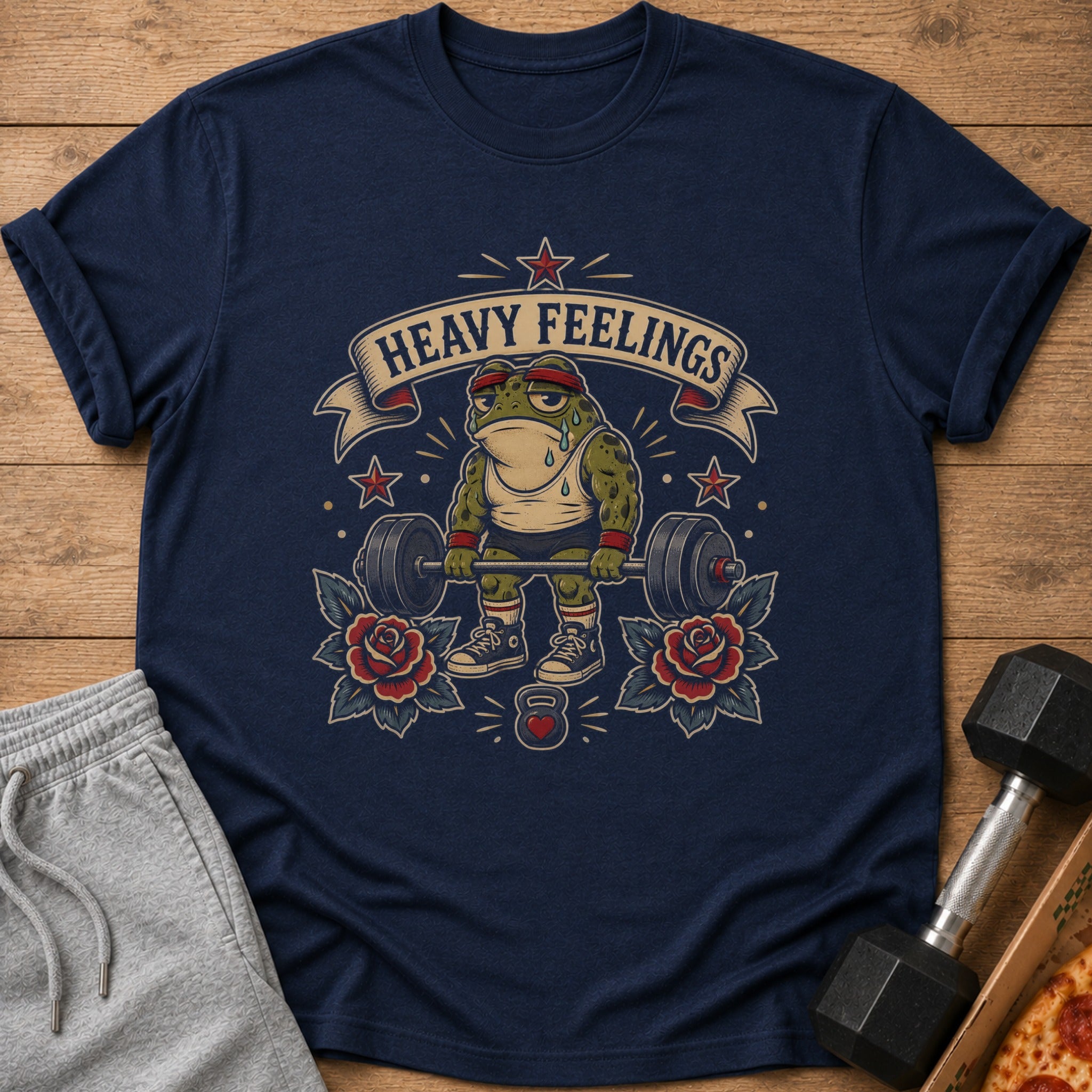 Navy t-shirt with a cartoon frog lifting weights, text "HEAVY FEELINGS", and roses.