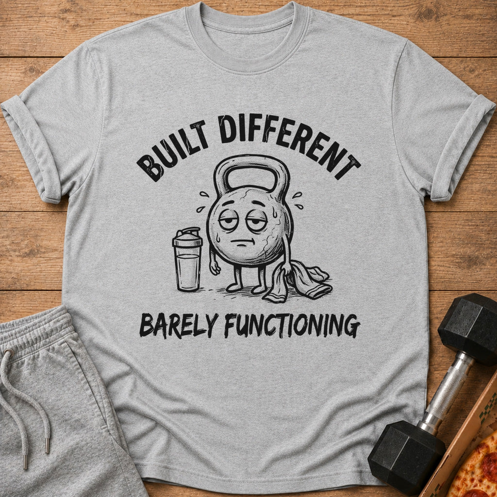 Gray t-shirt with "BUILT DIFFERENT BARELY FUNCTIONING" text and cartoon kettlebell.