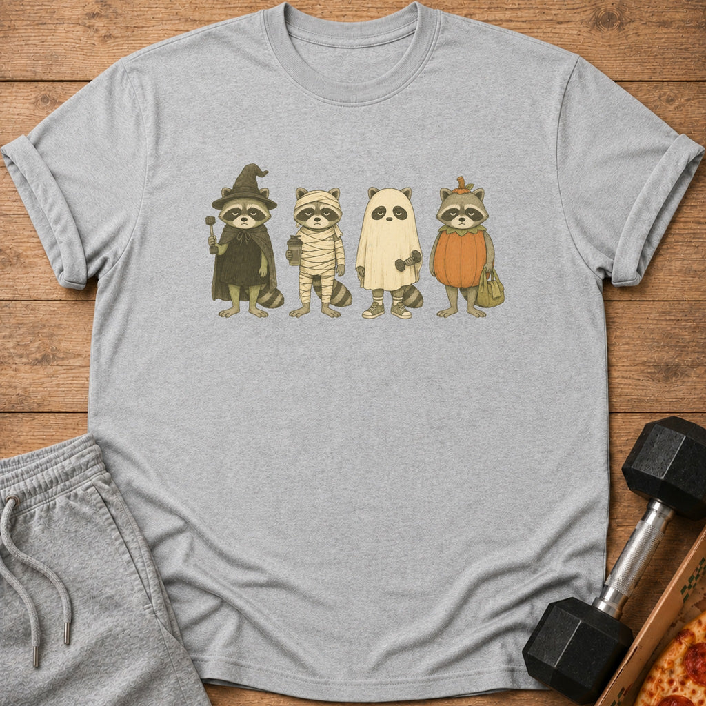 Four raccoons in Halloween costumes: witch, mummy, ghost, and pumpkin.