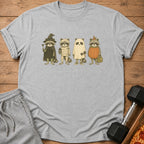 Four raccoons in Halloween costumes: witch, mummy, ghost, and pumpkin.