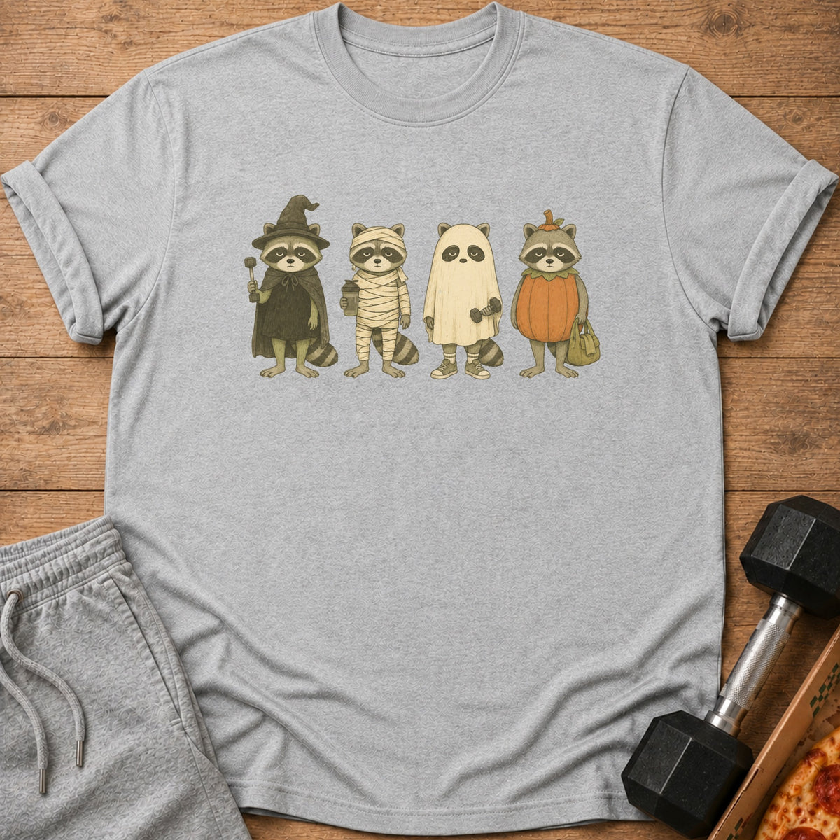 Four raccoons in Halloween costumes: witch, mummy, ghost, and pumpkin.