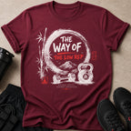 Maroon t-shirt with "The Way of The Low Rep" graphic, kettlebell, dumbbell, and bamboo.