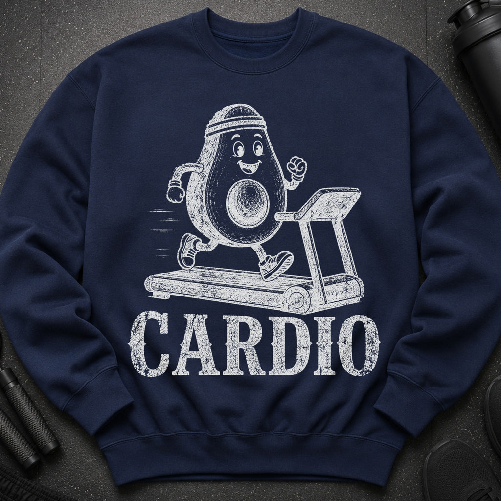 Navy sweatshirt with a graphic of an avocado running on a treadmill and the word "CARDIO".