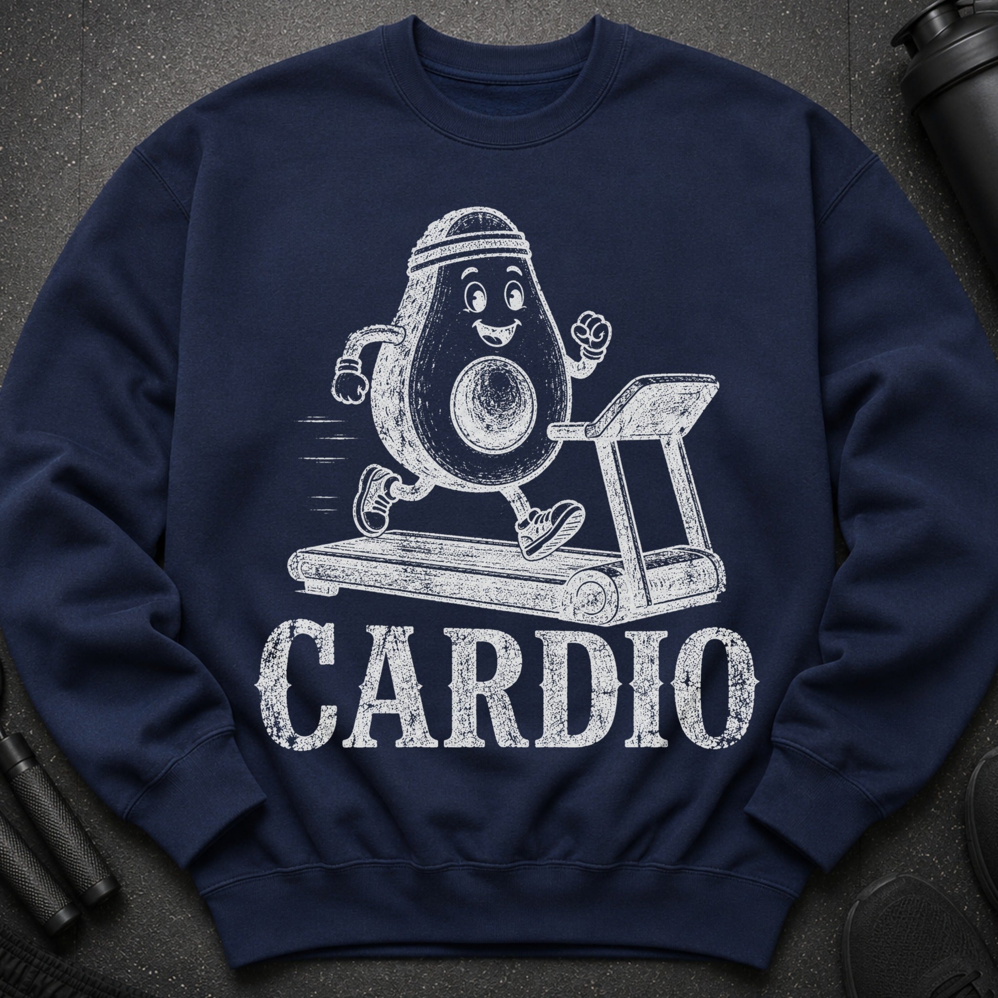 Navy sweatshirt with a graphic of an avocado running on a treadmill and the word "CARDIO".