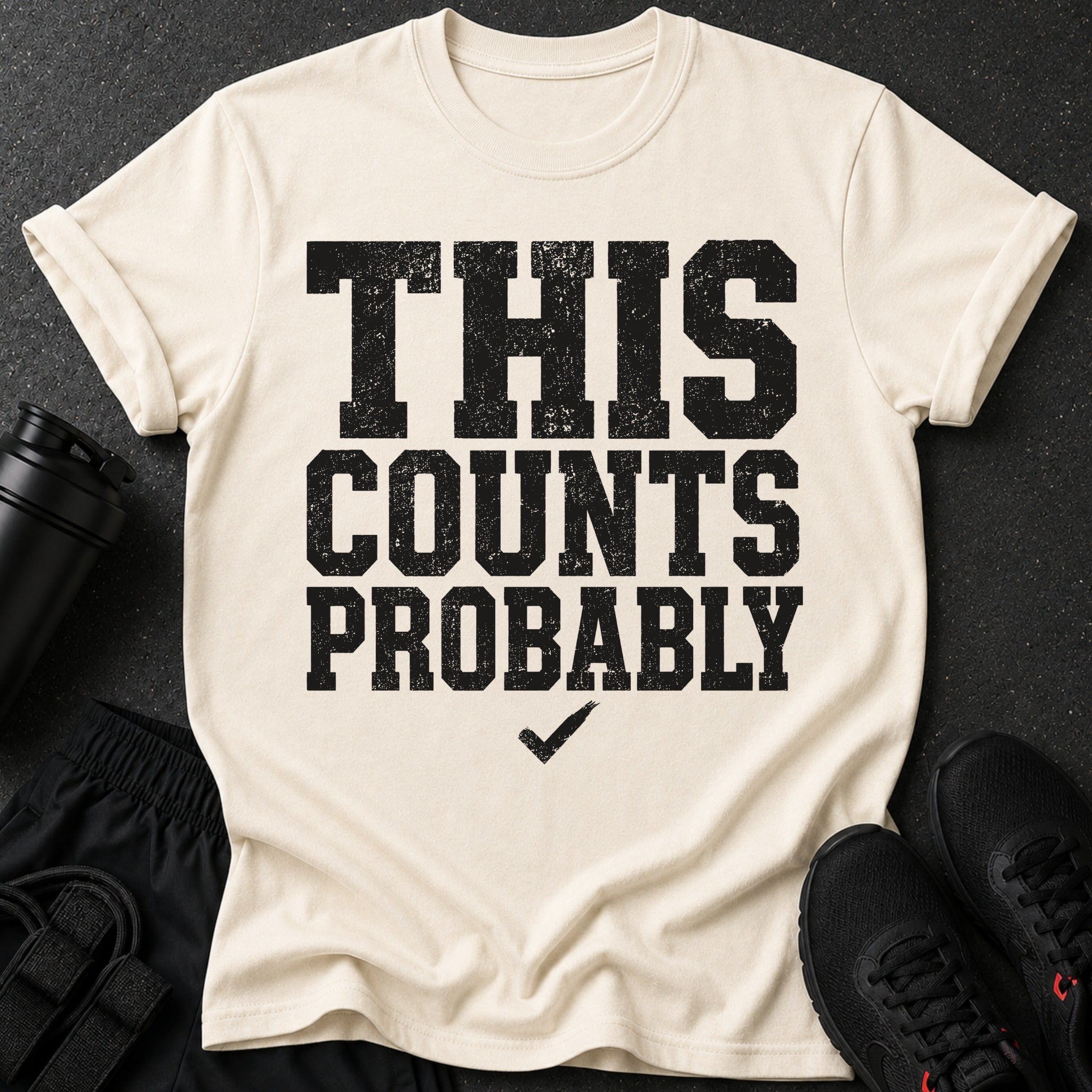 Cream t-shirt with black distressed text "THIS COUNTS PROBABLY" and a checkmark.