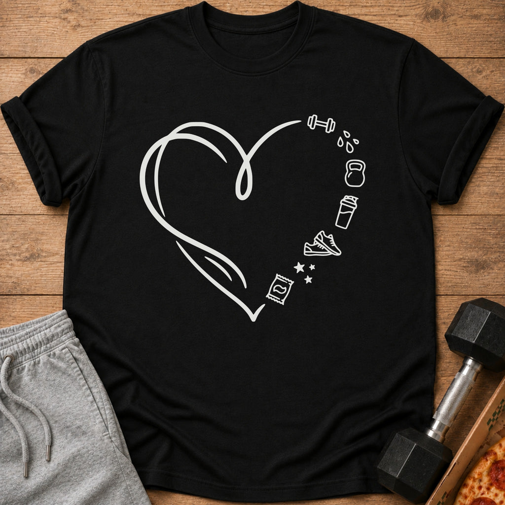 Black t-shirt with a white heart outline and fitness icons.