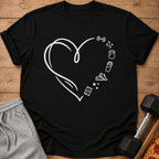 Black t-shirt with a white heart outline and fitness icons.