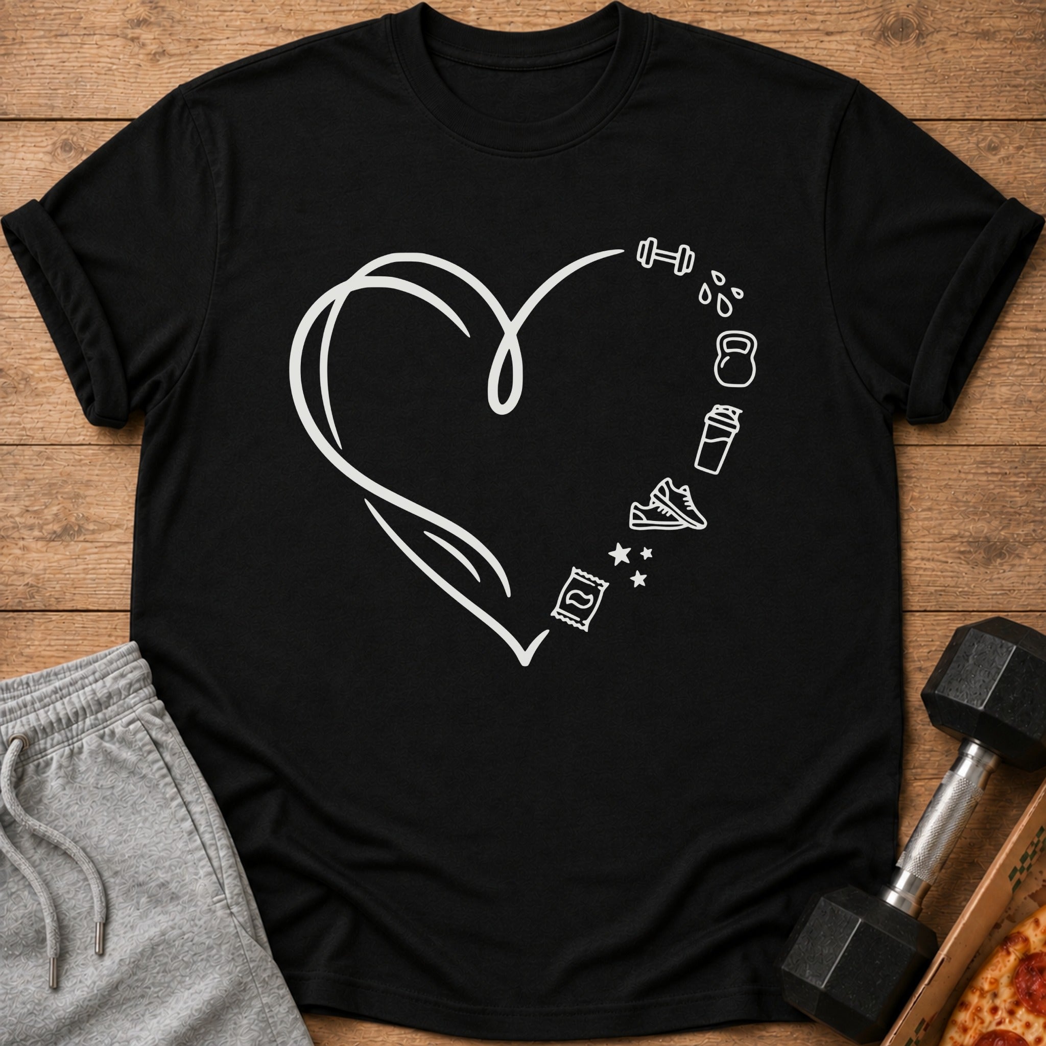 Black t-shirt with a white heart outline and fitness icons.