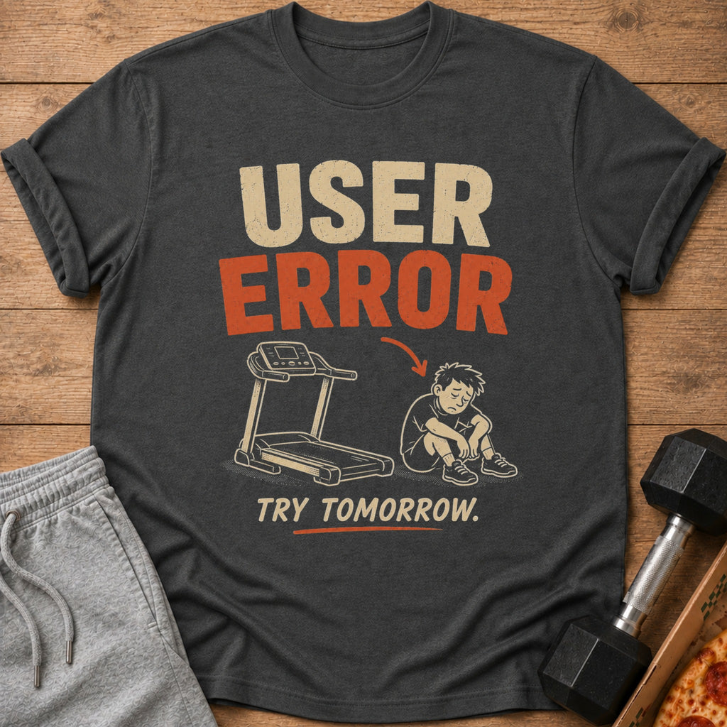 T-shirt with "USER ERROR" text, treadmill, and dejected person.