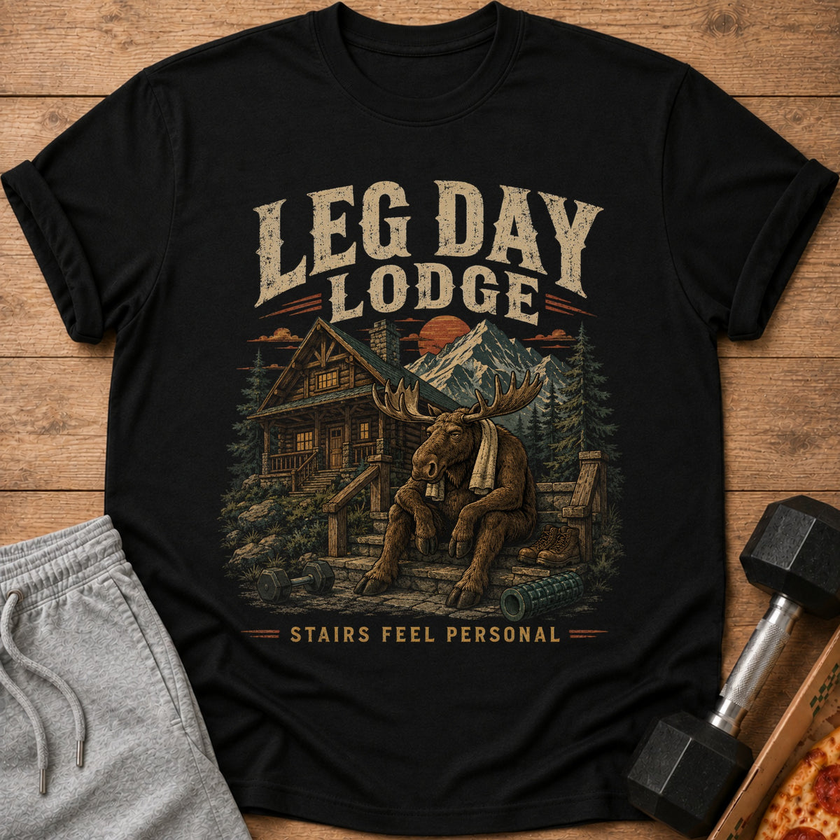 Black t-shirt with "LEG DAY LODGE" and a moose on stairs.