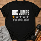Black t-shirt with "BOX JUMPS" and one gold star rating.
