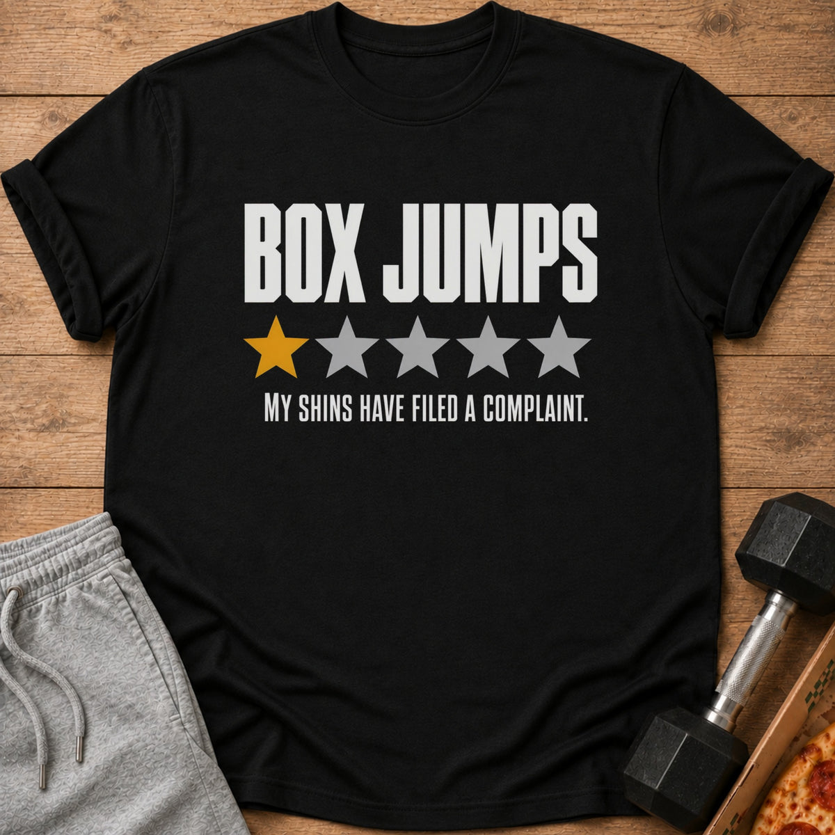 Black t-shirt with "BOX JUMPS" and one gold star rating.