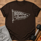 Brown t-shirt with "BOOKS & Barbells - BALANCED CAMP -" graphic on a pennant.