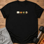 Black t-shirt with pillow, pumpkin, kettlebell, and coffee icons above "rest day season" text.