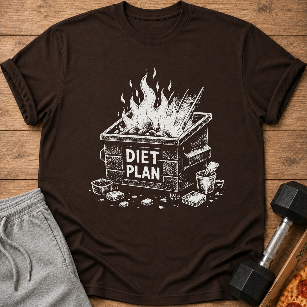 Brown t-shirt with a dumpster fire graphic that says "DIET PLAN".