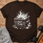 Brown t-shirt with a dumpster fire graphic that says "DIET PLAN".