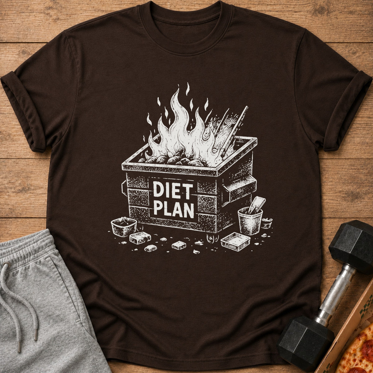 Brown t-shirt with a dumpster fire graphic that says "DIET PLAN".