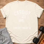 Light tan t-shirt with "Cardio? I Hardly Know '10" text and panda lifting weights.