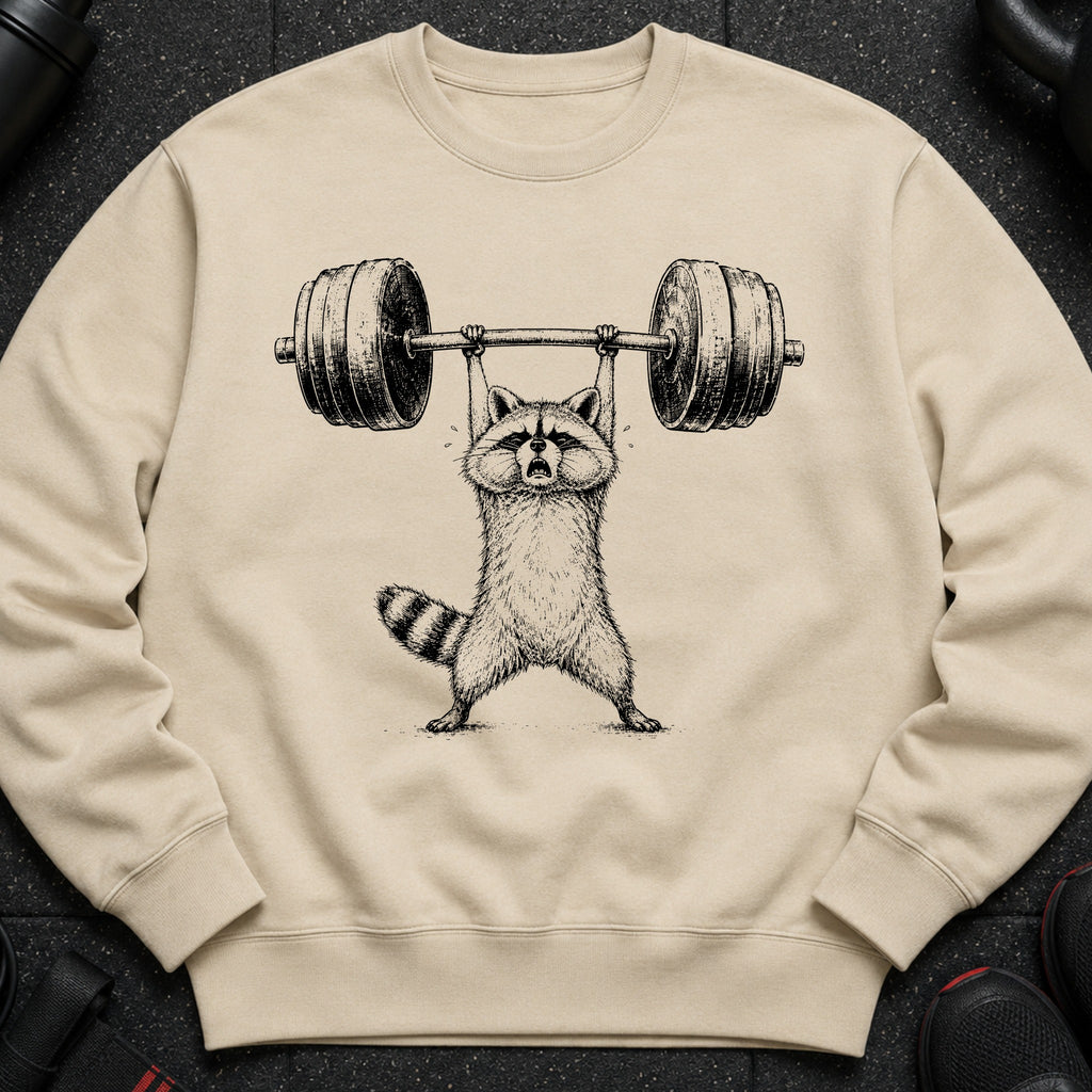 Beige sweatshirt with a black ink drawing of a raccoon lifting a barbell.