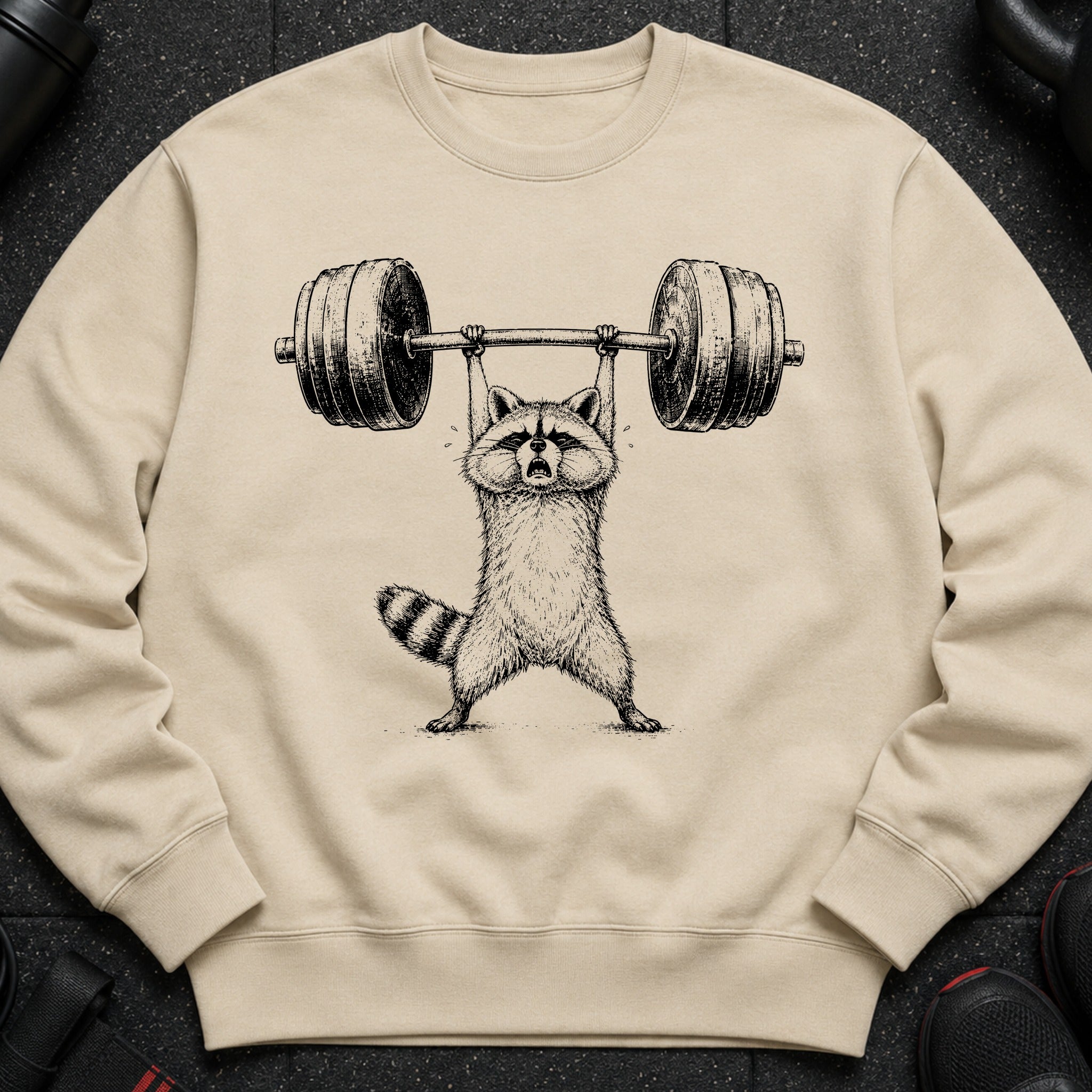 Beige sweatshirt with a black ink drawing of a raccoon lifting a barbell.